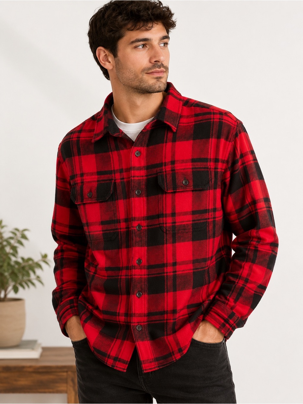 American Eagle Buffalo Plaid Flannel Shirt Jacket Shacket Red Black Mens Size S
